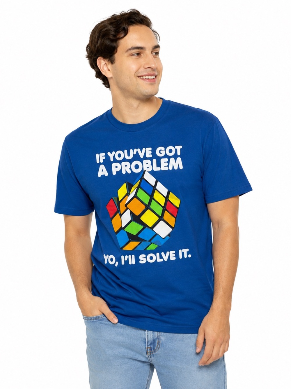 Men's Blue Graphic Puzzle Cube Short-Sleeve Yo I’ll Solve It Tee